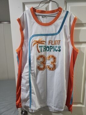 Flint Tropics Men's White & Orange Basketball Jersey - #33-Jackie Moon